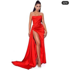 Miss Circle Holly red crystallized corset high slit satin gown